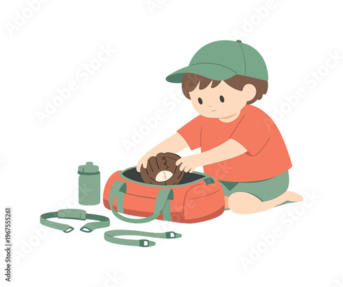 Child Packing Gear. Soft child places sports gear piece by piece into a duffel as straps lie flat nearby waiting quietly at home