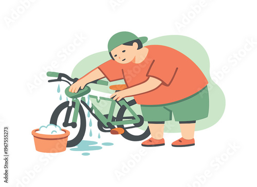 Soft person leans toward a bicycle scrubbing the frame outdoors as water trails fall and movement stays slow | scene of person