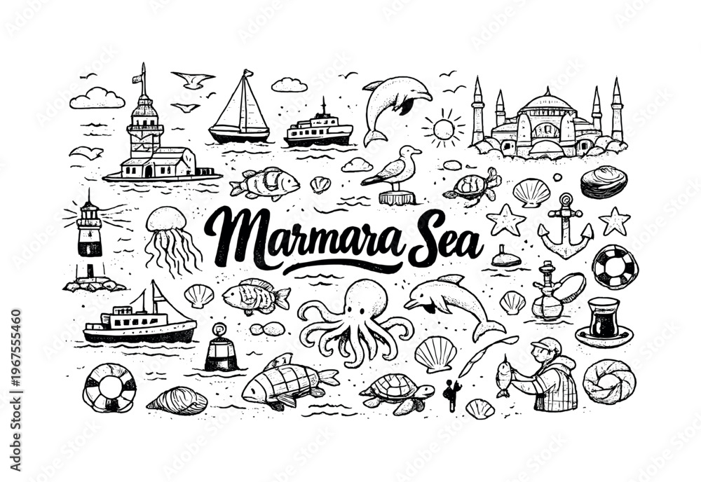 Fototapeta premium Marmara Sea illustration, hand drawn doodle elements set, center hand-lettered title, black & white vector line art, bold clean