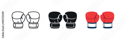 Training intensity unfolds through matching boxing gloves arranged horizontally, equal padding shapes and wrist cuffs balanced