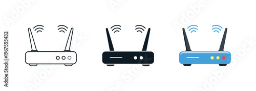 Data exchange unfolds as matching wireless routers arranged horizontally, equal antenna angles and compact bodies balanced with