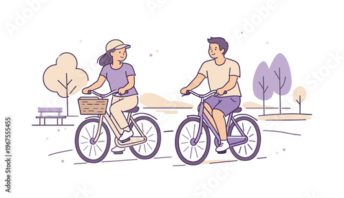 Couple riding bicycles together through a park-like space, relaxed expressions and steady pace, minimalist flat vector