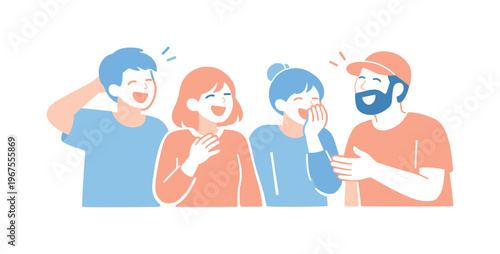 Friends laughing together during informal meetup, subtle movement and cheerful expressions suggesting humor and ease, minimalist