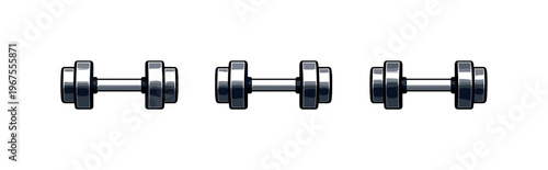 Skill building action depicted by matching dumbbells placed side by side, identical grip length and weight shape repeated with