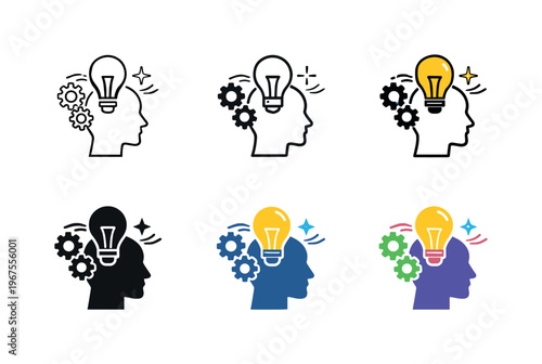 Mind innovation and creative thinking icon showing a human head surrounded by a light bulb, gears, and abstract symbols of ideas,