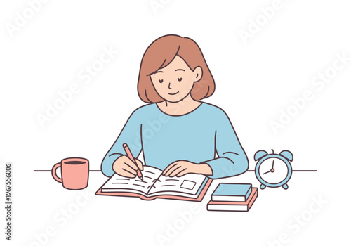 Woman organizing daily planner at desk in calm morning routine, seated with open planner and pen, focused relaxed posture,