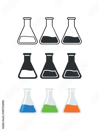 Research workflow illustrated by synchronized laboratory flasks arranged side by side, identical glass contours and neck lengths
