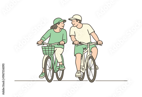Morning Bicycle Ride. Couple riding bicycles together during a relaxed morning ride, moving slowly and leaning slightly toward