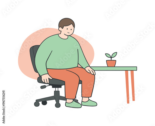 Calm Chair Adjustment. Calm person pauses to test a desk chair position, sitting briefly as balance and posture feel just right |