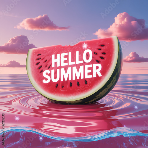 A slice of watermelon floats on calm water with hello summer text under a pink sky.