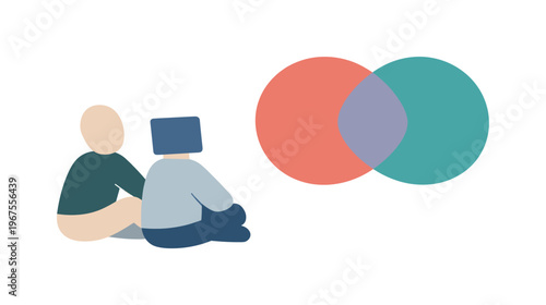 Human and a second abstract figure jointly watching two shapes overlap, marking the moment when ideas begin to interact. Stylized