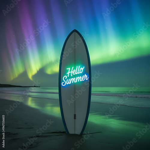 A surfboard stands on a beach with a neon sign reading 'Hello Summer' under the vibrant aurora borealis.