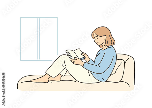 Woman reading book sofa near a window with soft daylight, seated sideways and enjoying silence, minimalist flat vector