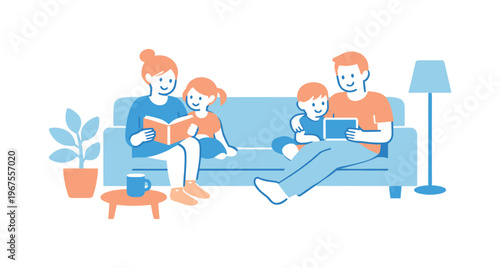 Family relaxing together during quality time in living room, simple sofa and open space emphasizing togetherness and ease,