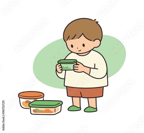 Calm child pauses while putting leftovers away, checking labels before placing containers inside | scene of child putting
