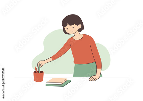 Calm Desk Organization. Gentle routine shows a person arranging stationery one item at a time, keeping the surface uncluttered |