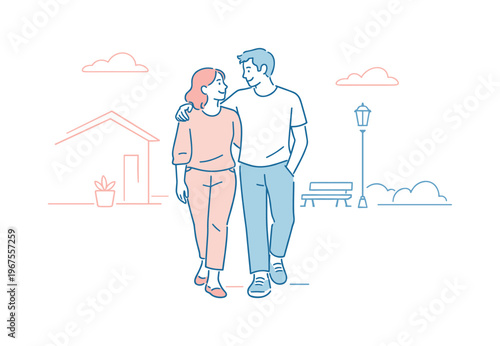 Partners enjoying calm street walk together, friendly proportions and relaxed connection highlighting everyday intimacy,