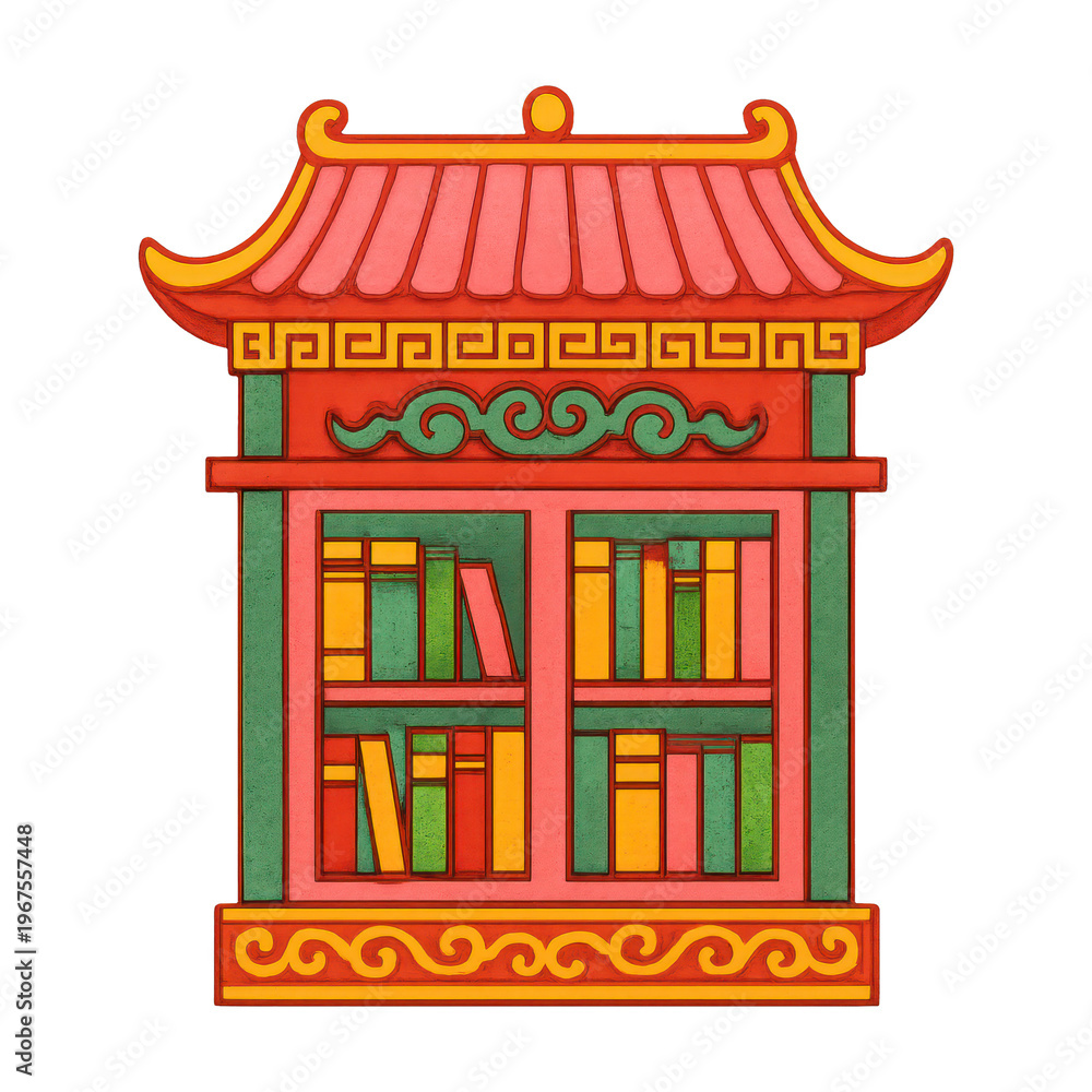 Fototapeta premium PNG Colorful Asian-style bookshelf illustration.