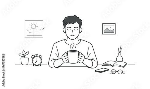 Man taking slow coffee break in morning routine, balanced composition with mug centered and open space around, minimalist flat