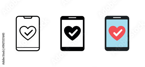 Accessible treatment outcome depicted by a checkmark heart displayed on a mobile screen, identical form repeated three times
