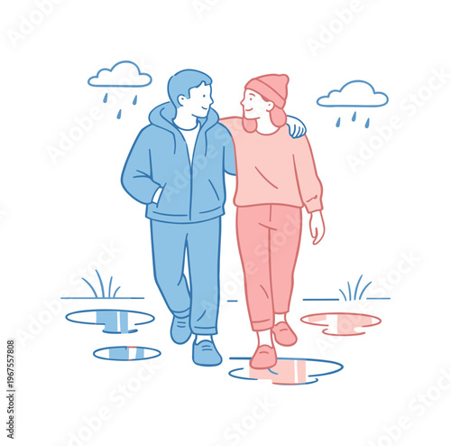 Couple walking together in the rain, enjoying a post-rain stroll