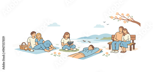 Relaxed Spring Afternoon. People enjoying spring holiday during a calm afternoon moment, relaxed body language and soft