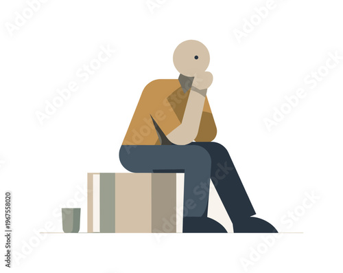 Human pausing as spatial relationships settle, sensing reflective awareness taking form. Stylized editorial character