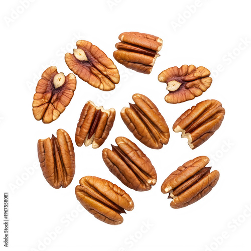 A collection of raw pecan nut halves arranged in a circular formation on a black background.