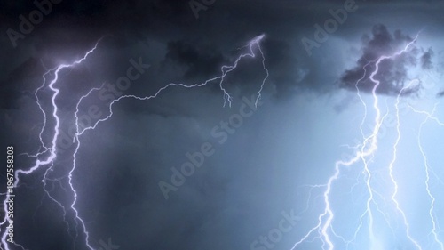 Powerful lightning bolts cutting through dark storm clouds in a night sky, capturing intense weather, atmospheric energy, and a severe thunderstorm.