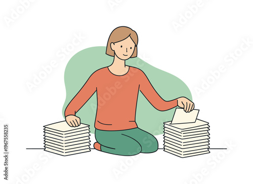 Gentle routine shows a person filing documents one by one, keeping piles even and spacing consistent | scene of person filing