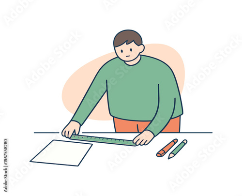 Quiet person places a ruler neatly on a desk, aligning it beside paper and pens in a calm, uncluttered workspace area nearby