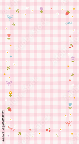 Vertical background with pink gingham pattern and cute fruit frame. Flirty vector design with berries, flowers and bows. Kawaii coquette aesthetic for smartphone wallpapers and notes