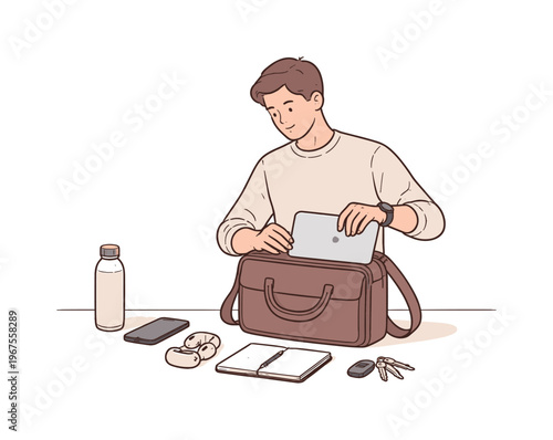 Man organizing essentials and placing laptop into work bag, minimalist flat vector illustration in clean line style, rounded