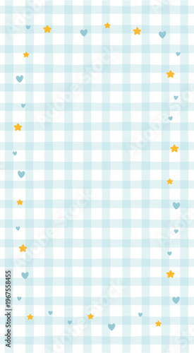 Vertical background with aesthetic blue gingham pattern and night sky frame. Naive vector design with yellow stars, blue hearts and copy space. Kawaii minimalist template for smartphone.