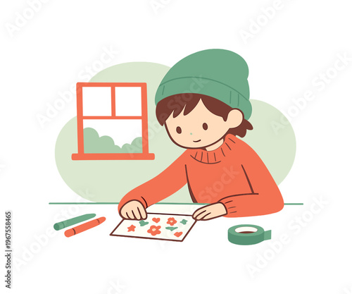 Child Adorning Postcard. Warm child decorates a postcard by a window, placing small stickers carefully as crayons and tape rest