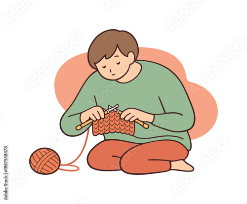 Soft person leans forward knitting with yarn as loops form evenly and motion remains slow and careful | scene of person knitting