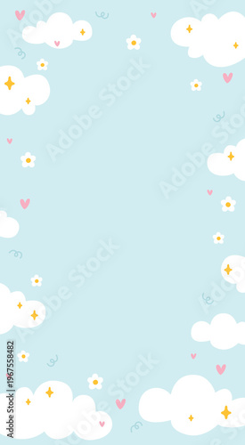 Cute cloud vertical background for social media with copy space. Pastel naive vector design features hand-drawn stars and hearts. Minimalist aesthetic for smartphone wallpapers and invitations.