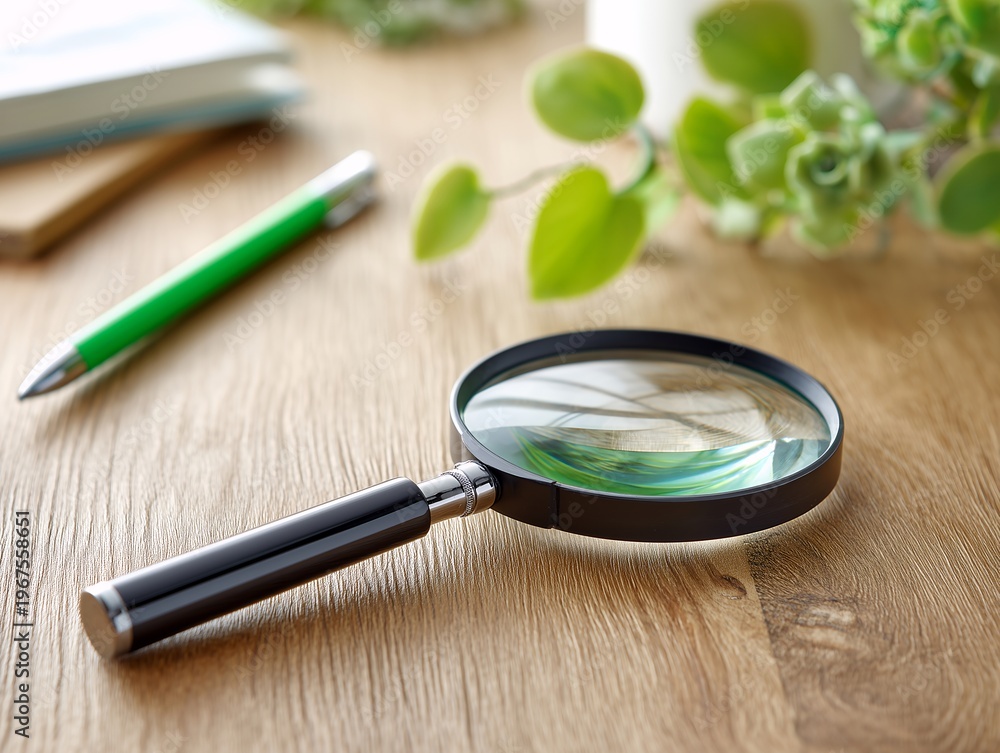 Fototapeta premium 木目調のデスクに置かれた虫眼鏡と緑色のペンや観葉植物が並ぶ明るい雰囲気のビジネス素材