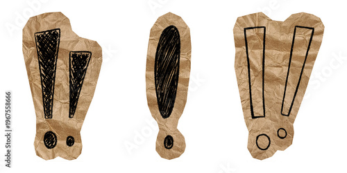Hand-drawn exclamation mark set on torn kraft paper cutouts for scrapbooking. Collection of doodle punctuation stickers. DIY zine and journal elements on transparent background