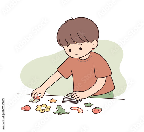 Calm child chooses stickers methodically, arranging selected ones in a small pile before continuing | scene of child choosing