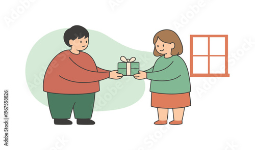 Quiet friend hands a small wrapped present to another friend smiling softly near a window with clear space around them calmly now