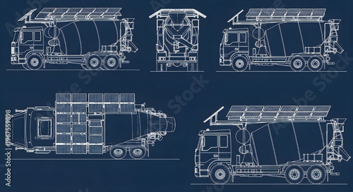 Solar Concrete Mixer Truck AutoCAD Blueprint Vector – Construction Vehicle Multi View Technical Drawing White Outline on Dark Blue