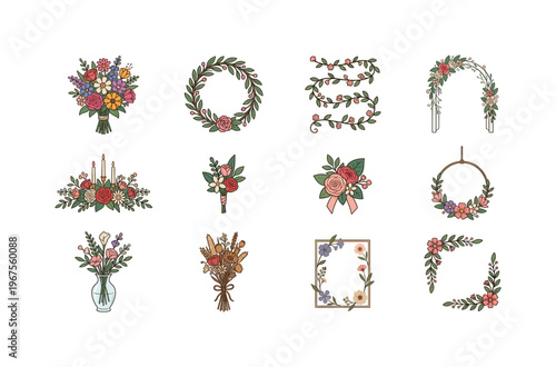Collection of hand-drawn floral elements for celebrations and decor