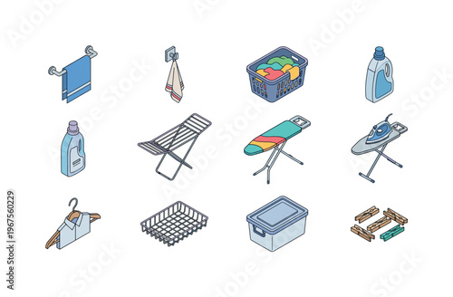 Isometric illustration of laundry room essentials and cleaning supplies