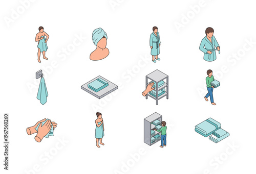 Isometric collection of bathroom textile usage and storage scenes
