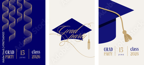 Class of 2026 elegant blue and gold graduation party celebration vertical invitations 