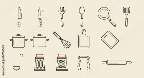 Essential Kitchen Tools Collection: Outline Illustrations for Culinary Concepts
