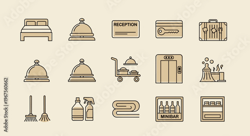Hotel Icons Collection: Room Service and Facility Symbols in Minimalist Style