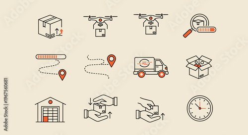 Set of Outline Delivery and Logistics Icons Showing Shipping and Warehouse Operations