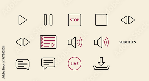 Minimalist Linear Media Player Icons Set for Digital Interface and Web Design Use
